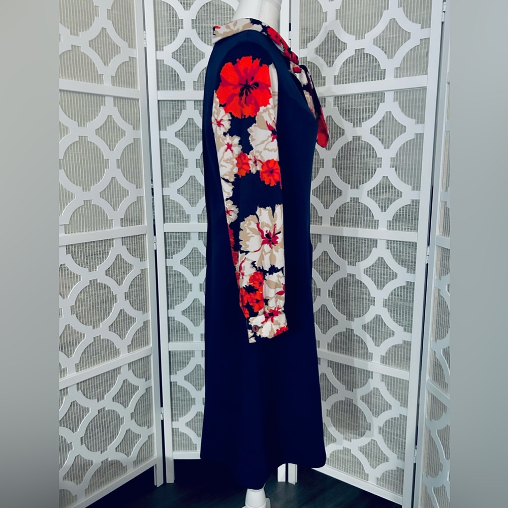 Vintage Navy Blue Dress Red Flowers 70s A Line Polyester 60s 1970s - Picture 5 of 15